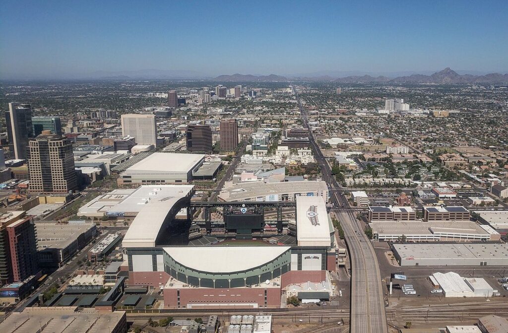 Aerial view of Chase Field's roof and the downtown Phoenix high-rises around it