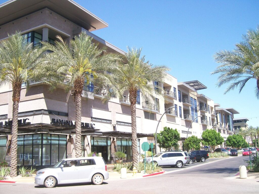 Palm trees along a street of three-story shops and offices at Kierland Commons in north Scottsdale