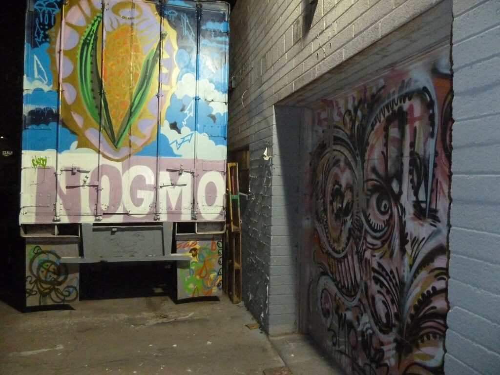 Bright murals covering the walls of an alley on Roosevelt Row in downtown Phoenix