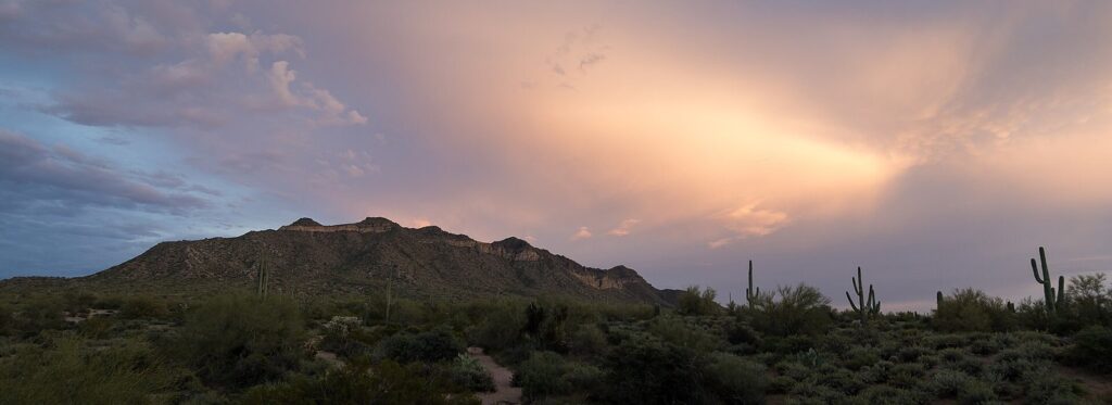 Pass Mountain silhouetted against a pink and gold sunset sky above saguaros and desert scrub at Usery Mountain Regional Park