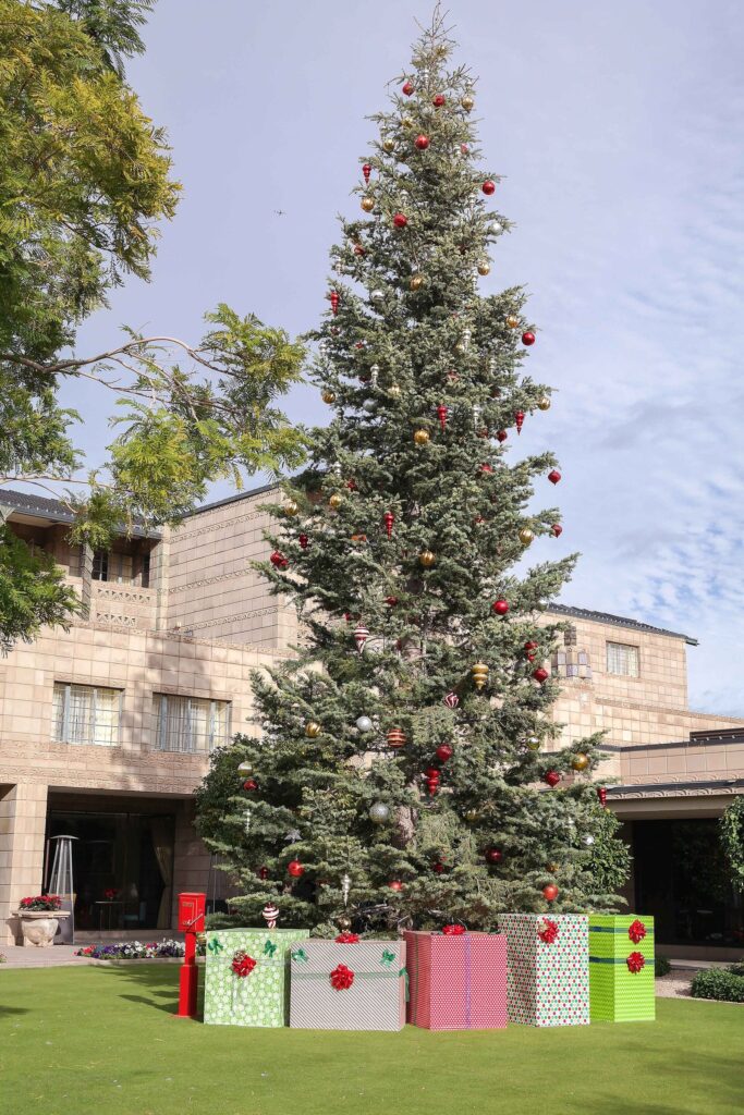 A tall decorated tree with wrapped presents outside the Arizona Biltmore, a classic sight of Christmas in Phoenix