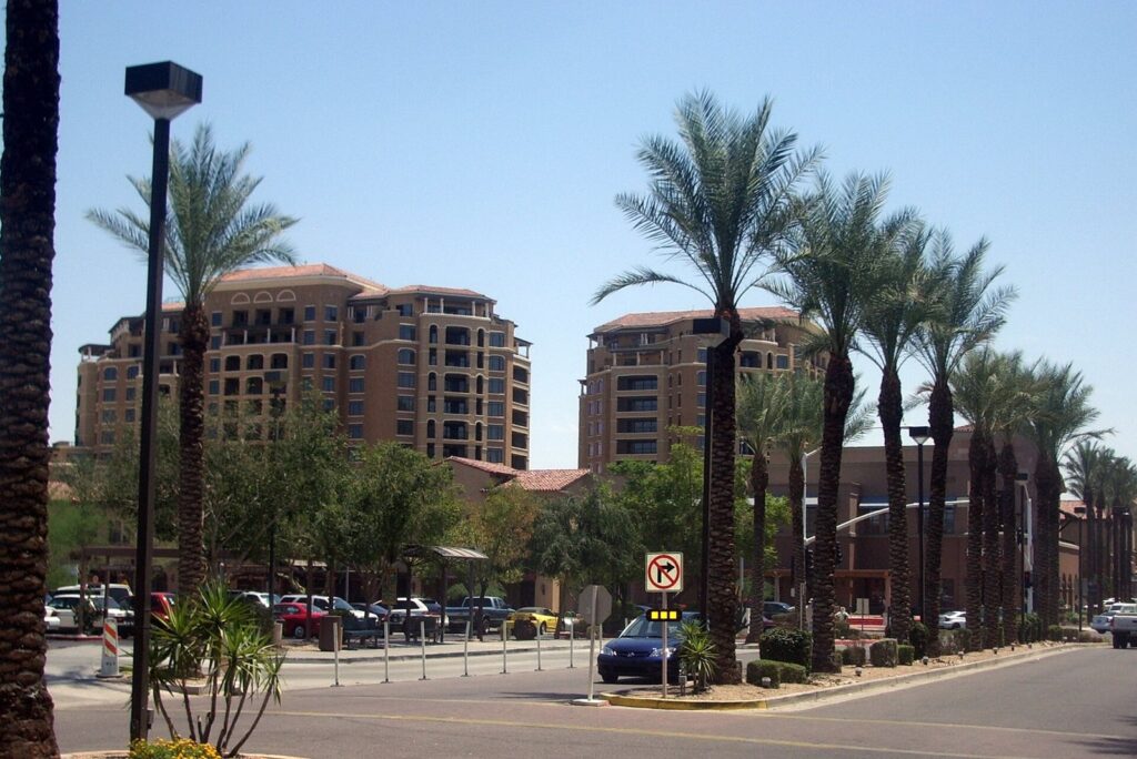 Palm trees and mid-rise buildings along the Scottsdale Waterfront under a clear sky